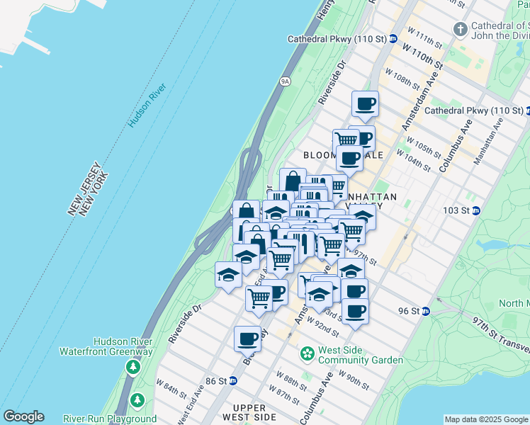 map of restaurants, bars, coffee shops, grocery stores, and more near 244 Riverside Drive in New York