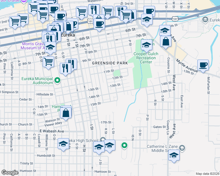 map of restaurants, bars, coffee shops, grocery stores, and more near 1330 L Street in Eureka