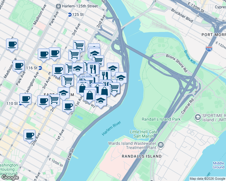 map of restaurants, bars, coffee shops, grocery stores, and more near in New York