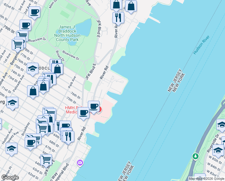 map of restaurants, bars, coffee shops, grocery stores, and more near 7740 Marine Road in North Bergen