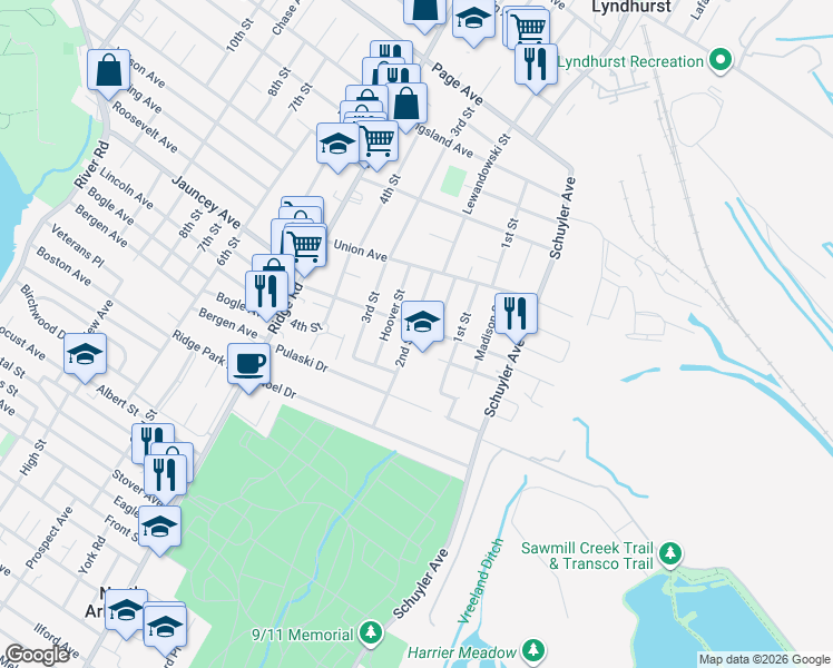 map of restaurants, bars, coffee shops, grocery stores, and more near 70 2nd Street in North Arlington