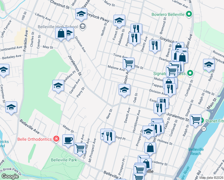 map of restaurants, bars, coffee shops, grocery stores, and more near 230 New Street in Belleville