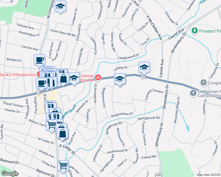 map of restaurants, bars, coffee shops, grocery stores, and more near 14 Broadlawn Drive in Livingston
