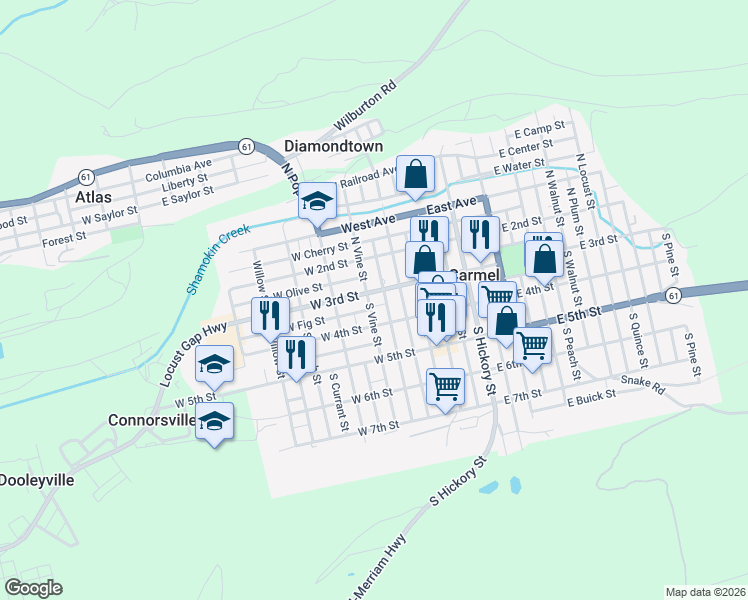 map of restaurants, bars, coffee shops, grocery stores, and more near 30-98 South Vine Street in Mount Carmel
