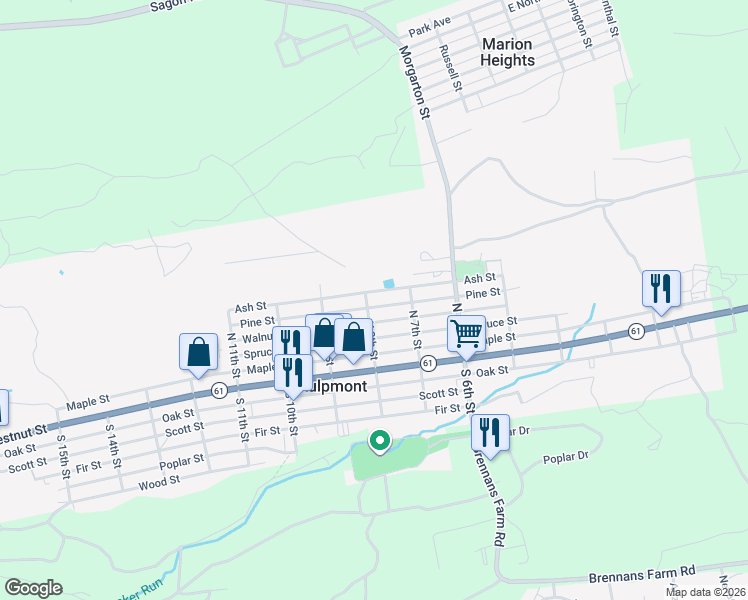 map of restaurants, bars, coffee shops, grocery stores, and more near 701-799 Walnut Street in Kulpmont
