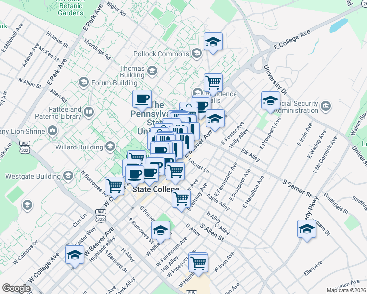 map of restaurants, bars, coffee shops, grocery stores, and more near 211 East Beaver Avenue in State College