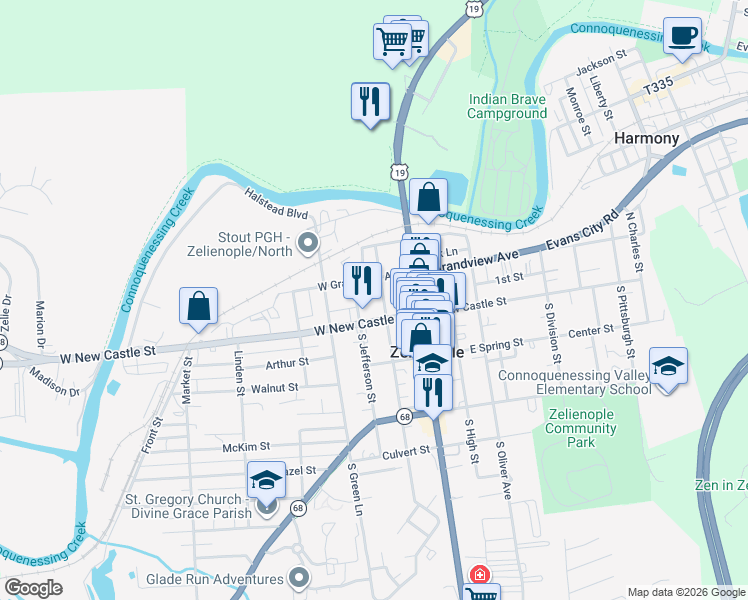 map of restaurants, bars, coffee shops, grocery stores, and more near 208 West New Castle Street in Zelienople