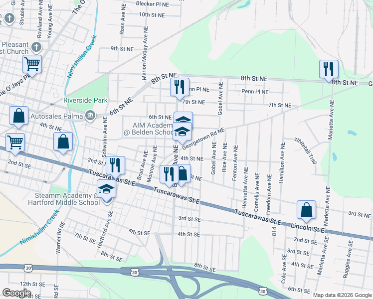 map of restaurants, bars, coffee shops, grocery stores, and more near 2126 4th Street Northeast in Canton