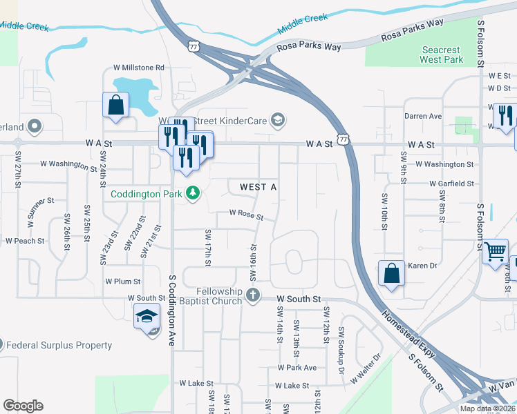 map of restaurants, bars, coffee shops, grocery stores, and more near 1601 West Rose Street in Lincoln