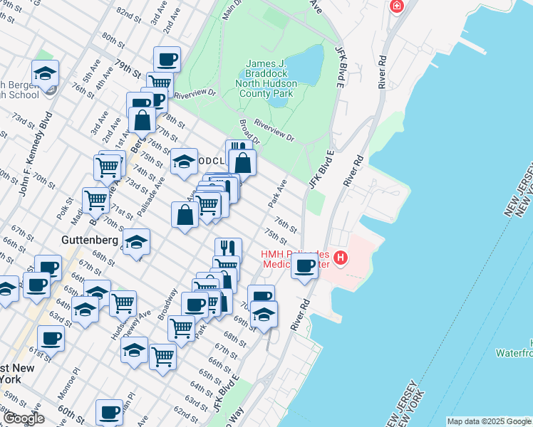 map of restaurants, bars, coffee shops, grocery stores, and more near Park Avenue & 76th Street in North Bergen