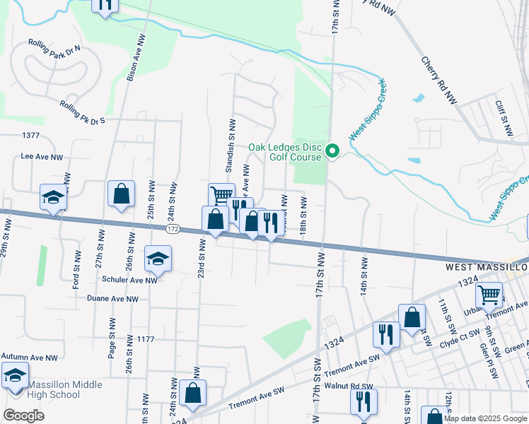 map of restaurants, bars, coffee shops, grocery stores, and more near 2012 Lincoln Way West in Massillon