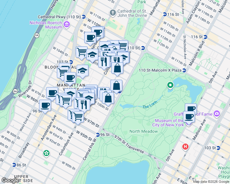 map of restaurants, bars, coffee shops, grocery stores, and more near 8 West 103rd Street in New York