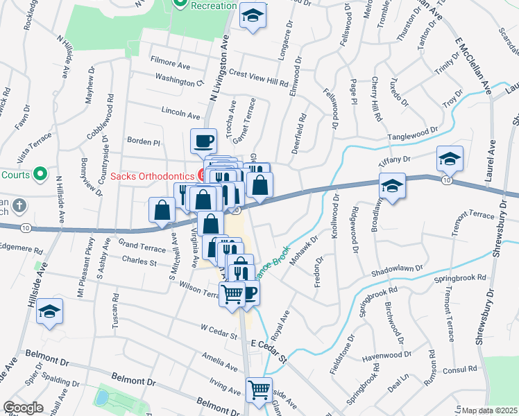 map of restaurants, bars, coffee shops, grocery stores, and more near 19 Sherbrooke Parkway in Livingston