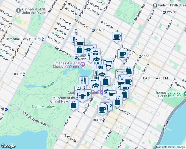 map of restaurants, bars, coffee shops, grocery stores, and more near 5th Ave & E 109th St in New York