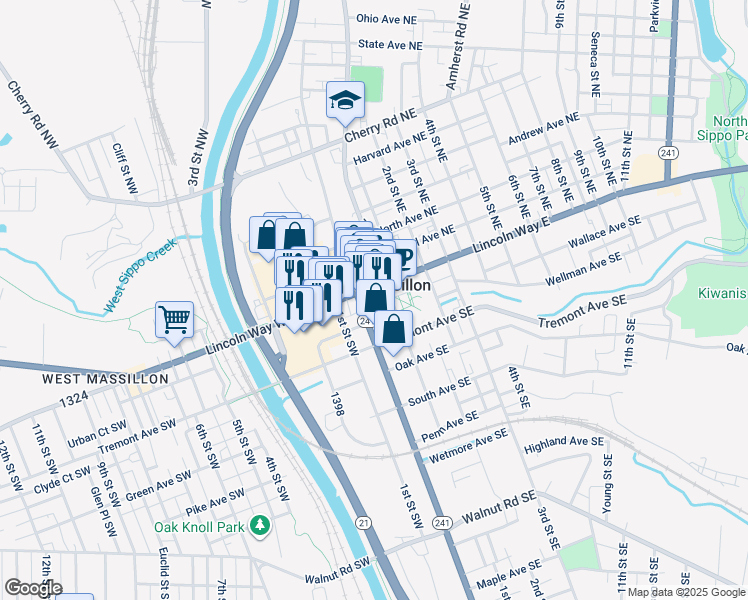 map of restaurants, bars, coffee shops, grocery stores, and more near 34 Diamond Court Southeast in Massillon