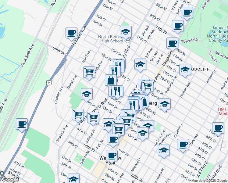 map of restaurants, bars, coffee shops, grocery stores, and more near 683 67th Street in West New York