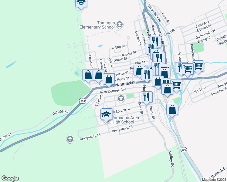 map of restaurants, bars, coffee shops, grocery stores, and more near West Cottage Avenue in Tamaqua