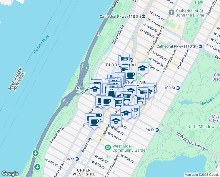 map of restaurants, bars, coffee shops, grocery stores, and more near 246 West 98th Street in New York