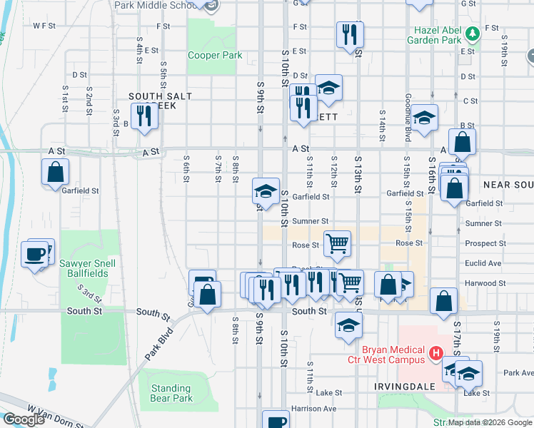 map of restaurants, bars, coffee shops, grocery stores, and more near 927 Sumner Street in Lincoln