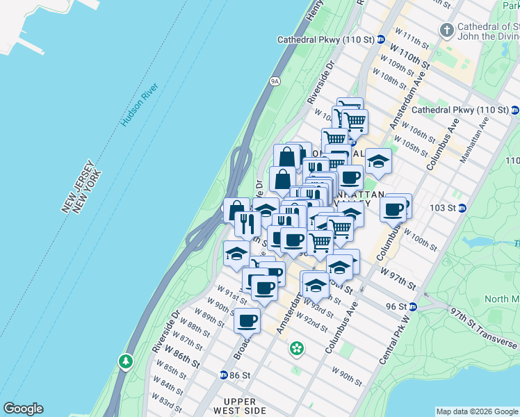 map of restaurants, bars, coffee shops, grocery stores, and more near 260 Riverside Drive in New York