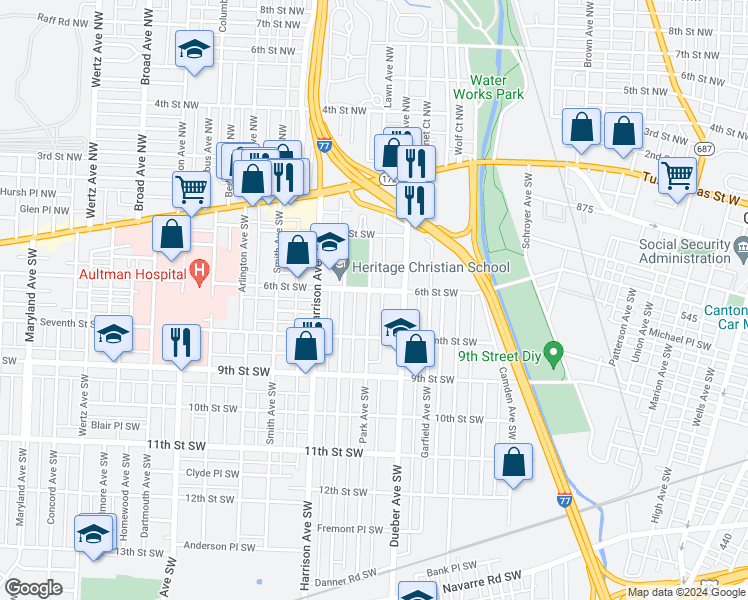 map of restaurants, bars, coffee shops, grocery stores, and more near 606 Park Avenue Southwest in Canton