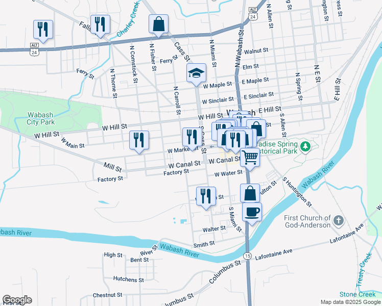 map of restaurants, bars, coffee shops, grocery stores, and more near 275 West Market Street in Wabash