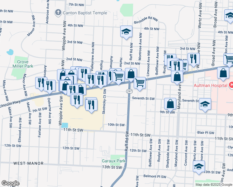 map of restaurants, bars, coffee shops, grocery stores, and more near 3730 Tuscarawas Street West in Canton