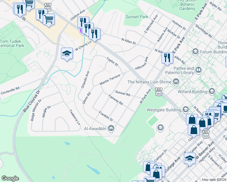 map of restaurants, bars, coffee shops, grocery stores, and more near Hillcrest Avenue in State College
