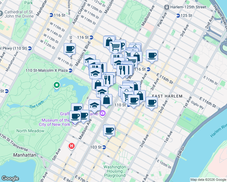 map of restaurants, bars, coffee shops, grocery stores, and more near 64 East 111th Street in New York