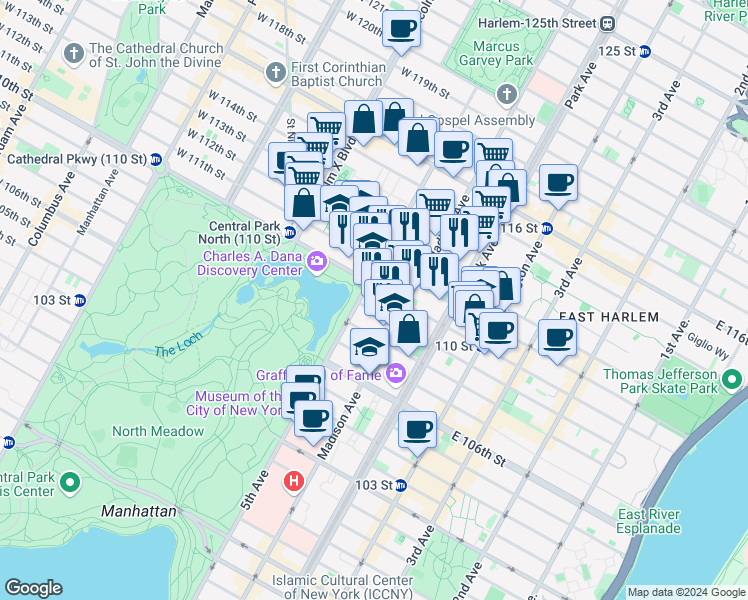 map of restaurants, bars, coffee shops, grocery stores, and more near 1309 5th Avenue in New York