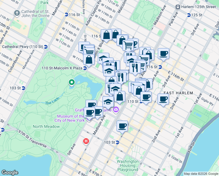 map of restaurants, bars, coffee shops, grocery stores, and more near 1280 5th Avenue in New York