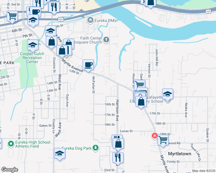 map of restaurants, bars, coffee shops, grocery stores, and more near 1422 Dean Street in Eureka