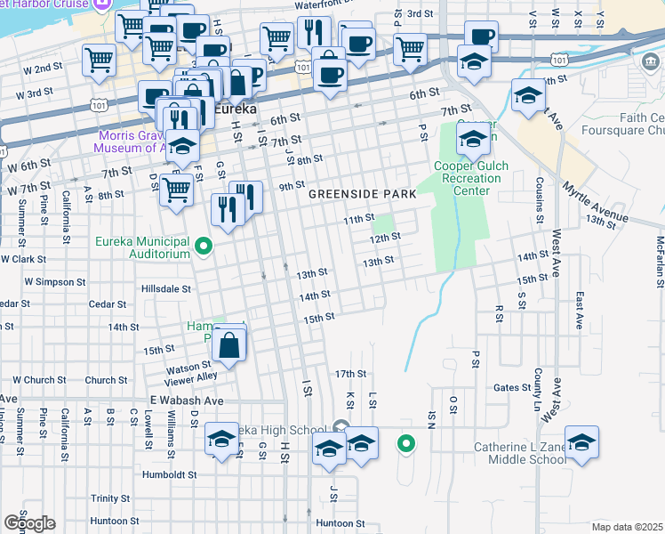 map of restaurants, bars, coffee shops, grocery stores, and more near 1140 K Street in Eureka