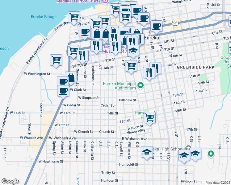 map of restaurants, bars, coffee shops, grocery stores, and more near 1017 C Street in Eureka