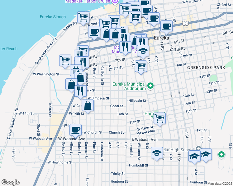 map of restaurants, bars, coffee shops, grocery stores, and more near 1000 B Street in Eureka