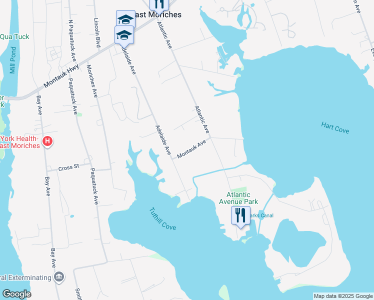 map of restaurants, bars, coffee shops, grocery stores, and more near 12 Highland Court in East Moriches