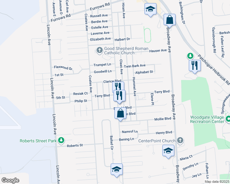 map of restaurants, bars, coffee shops, grocery stores, and more near 1274 Grundy Avenue in Holbrook