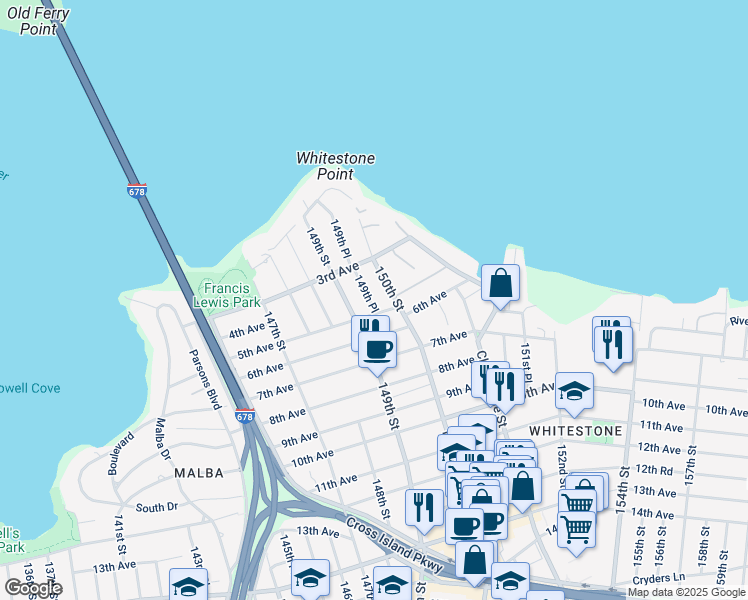 map of restaurants, bars, coffee shops, grocery stores, and more near 320 150th Street in Queens