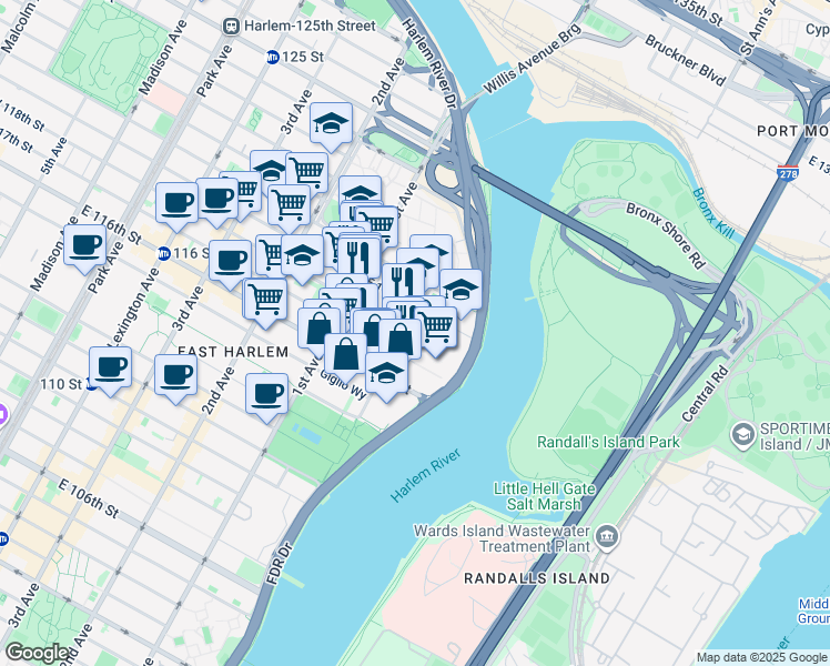 map of restaurants, bars, coffee shops, grocery stores, and more near in New York