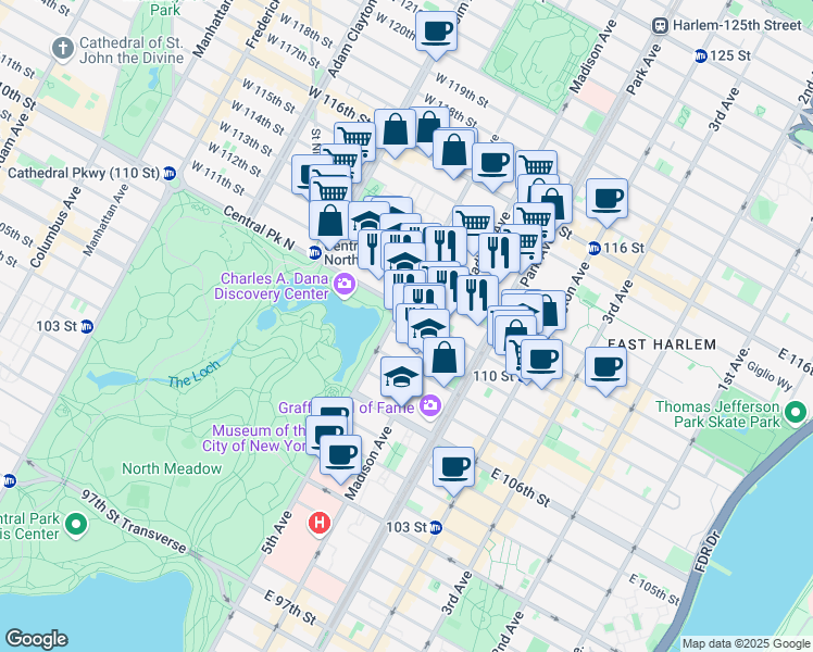 map of restaurants, bars, coffee shops, grocery stores, and more near 1309 5th Avenue in New York