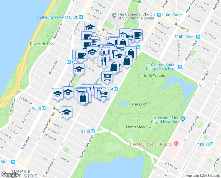map of restaurants, bars, coffee shops, grocery stores, and more near 8 West 104th Street in New York