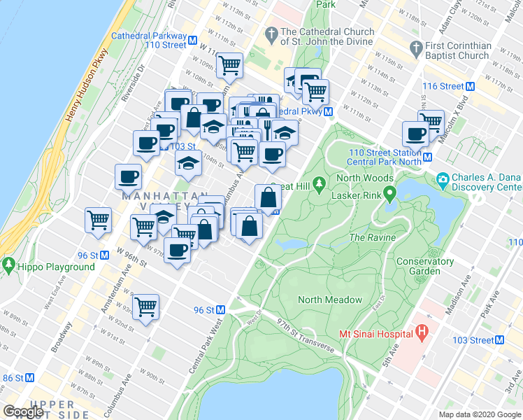 map of restaurants, bars, coffee shops, grocery stores, and more near 8 West 104th Street in New York