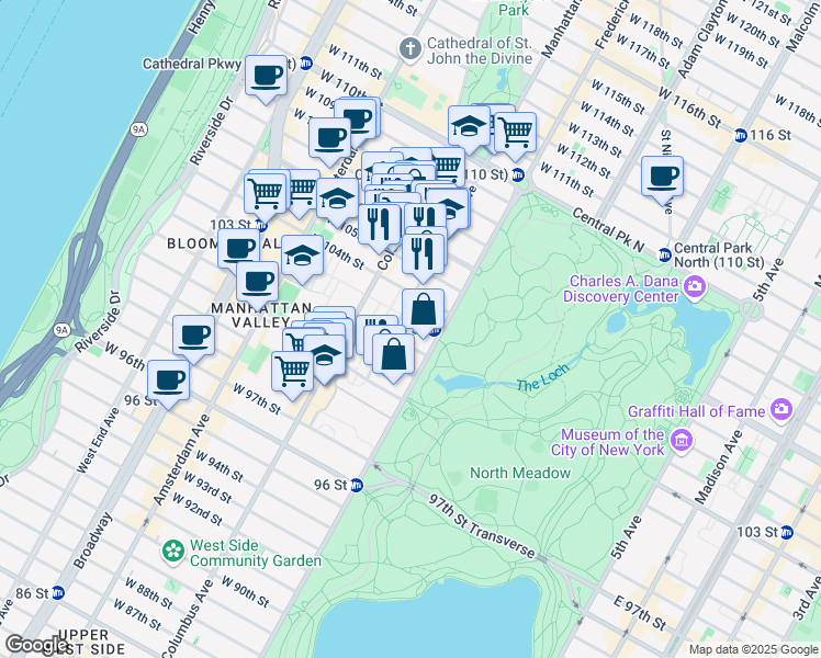 map of restaurants, bars, coffee shops, grocery stores, and more near 8 West 104th Street in New York