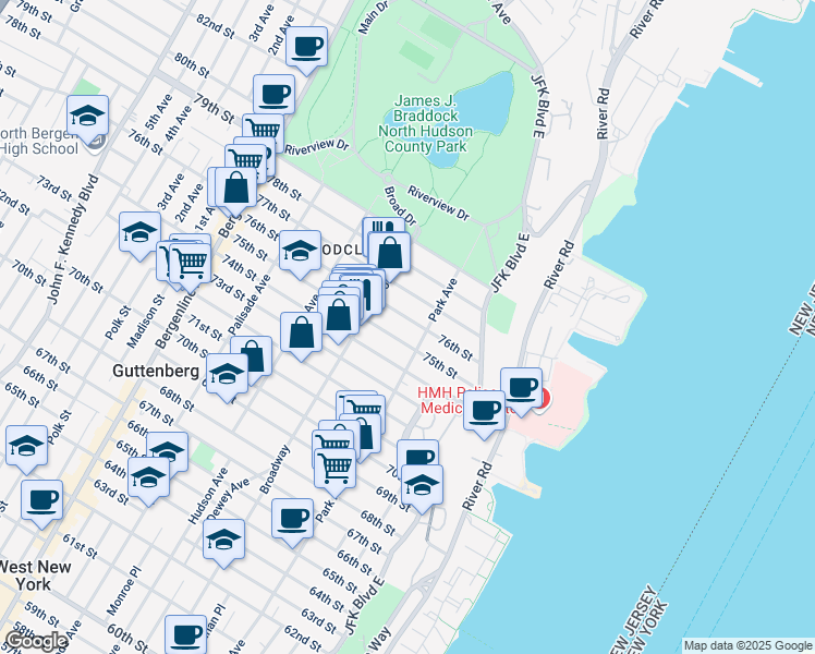 map of restaurants, bars, coffee shops, grocery stores, and more near 115 77th Street in North Bergen