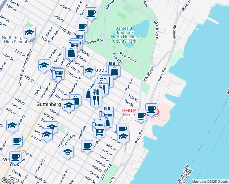 map of restaurants, bars, coffee shops, grocery stores, and more near 145 76th Street in North Bergen