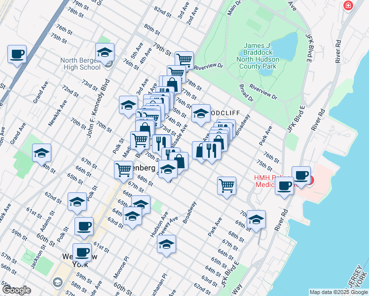 map of restaurants, bars, coffee shops, grocery stores, and more near 330 73rd Street in North Bergen