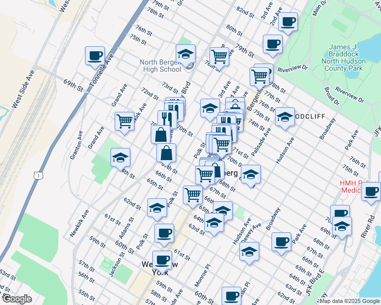 map of restaurants, bars, coffee shops, grocery stores, and more near 6914 Jackson Street in Guttenberg