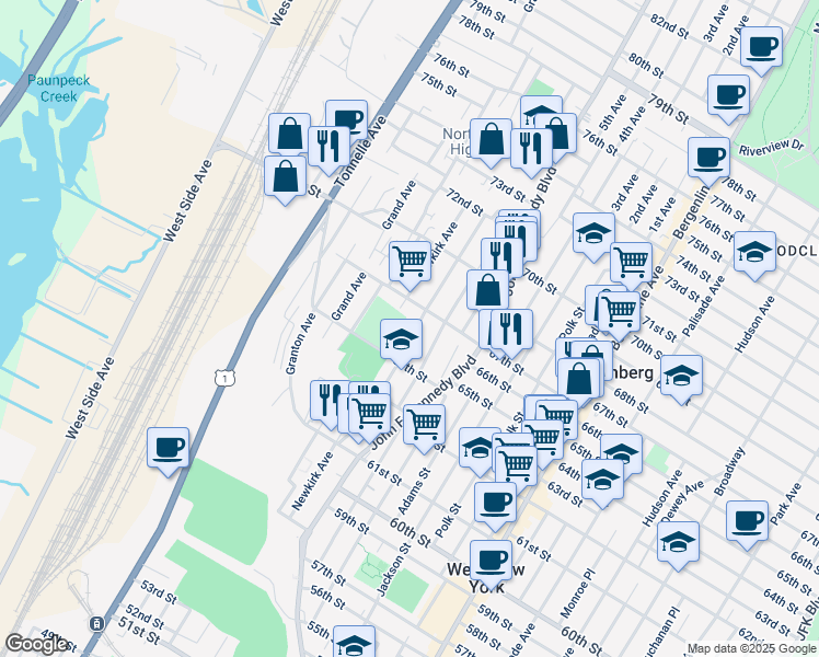 map of restaurants, bars, coffee shops, grocery stores, and more near 1309 67th Street in North Bergen