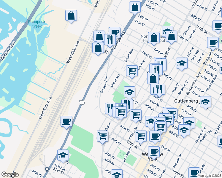 map of restaurants, bars, coffee shops, grocery stores, and more near 6411 Grand Avenue in North Bergen