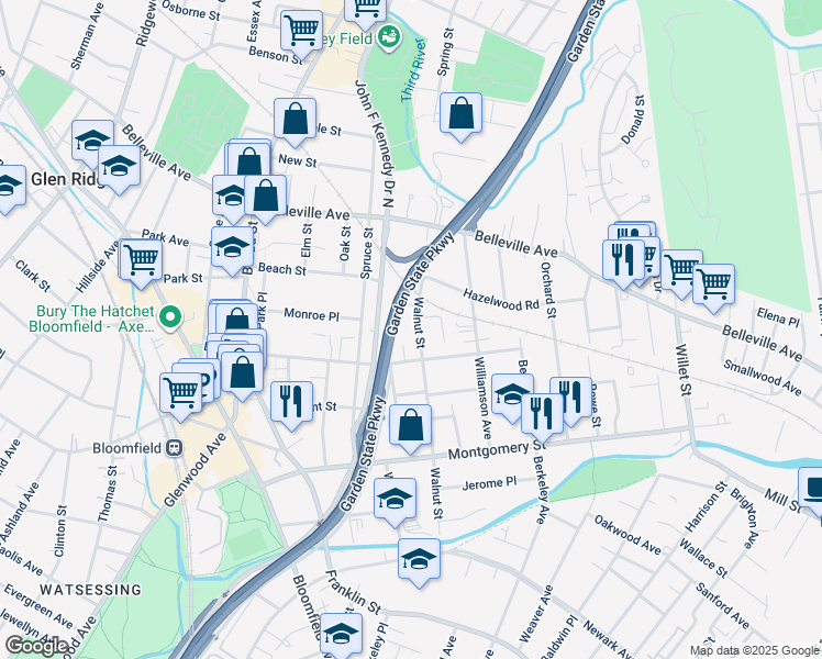 map of restaurants, bars, coffee shops, grocery stores, and more near 183 Walnut Street in Bloomfield
